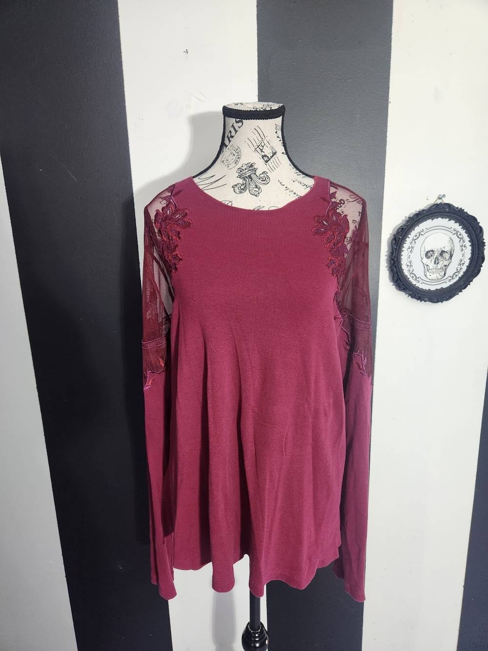 Free People Long Sleeve Lace-Trim Tunic Top in Burgundy